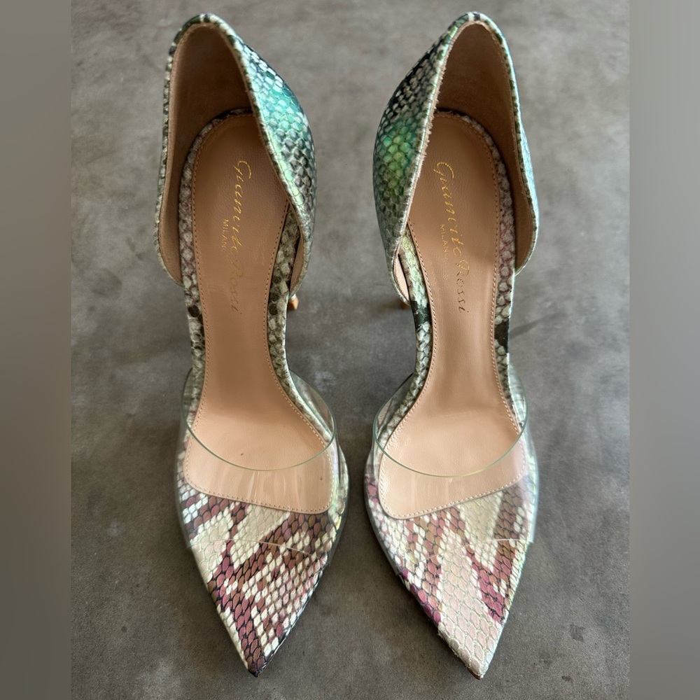Gianvito Rossi Alise 105 Mules in Snake-embossed Leather & Plexi  35